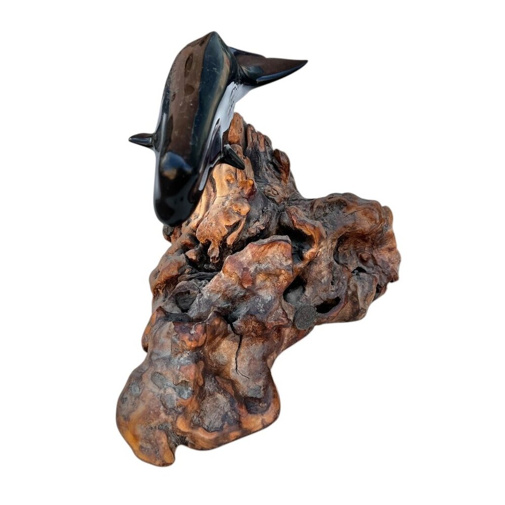 John Perry Black Sperm Whale Sculpture On Driftwood Base 8” T